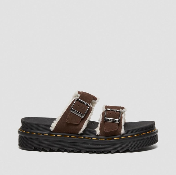 NEW Dr. Martens Myles Suede Fur-lined Buckle Slide Sandals Dark Brown Size 13 - Picture 1 of 16